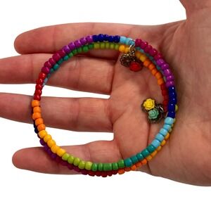 Handcrafted Rainbow Seed Bead Memory Wire Wrap Bracelet Floral Rose Charms NEW